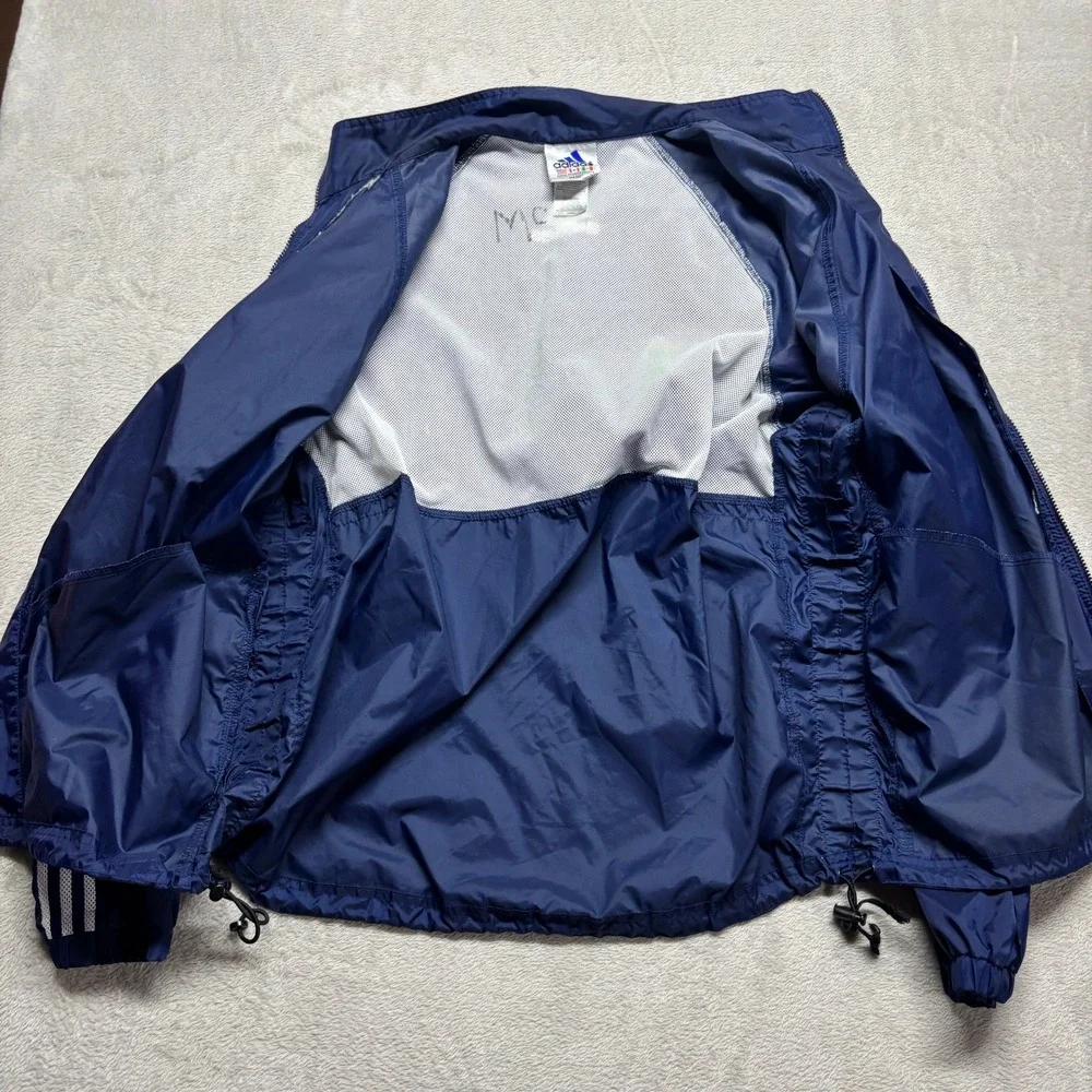 VTG Adidas Mens XL Navy Blue Windbreaker Full Zip Mesh Lined Jacket 3 Stripe Y2K